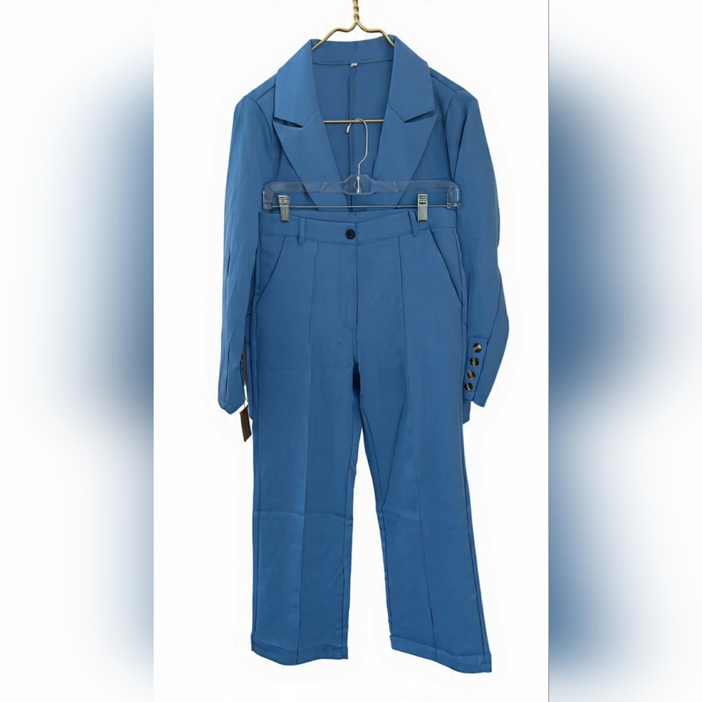 Chic Blue Women's Pantsuit Modern 70's Vibe Professional Office Outing